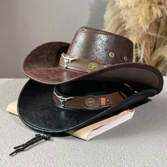 Moda Cabeça De Vaca Decorar Chapéu De Cowboy Ocidental Couro Falso Vintage Cavalheiro Jazz Chapéus Para Homens Panamá Co