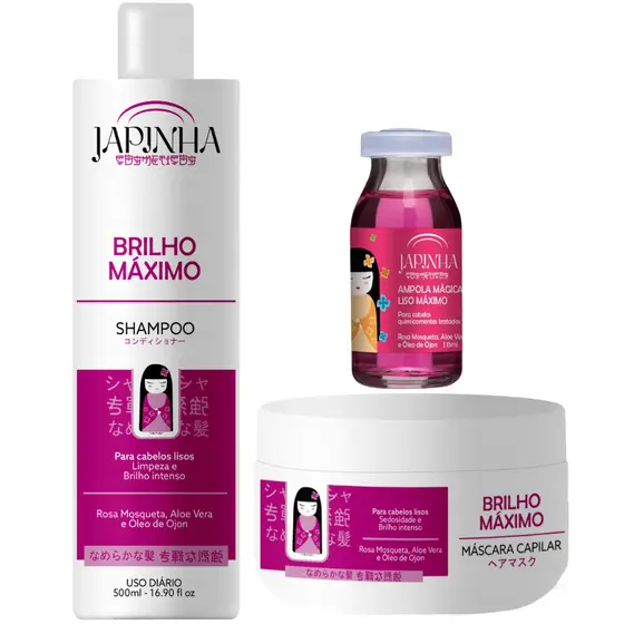Kit Japinha Brilho Máximo | Shampoo + Máscara + Ampola – Hidratados e Sem Frizz