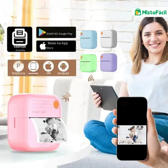 Nova mini impressora: modelo portátil e sem fio, compatível com sistemas Android e iOS, impressão em papel térmico.