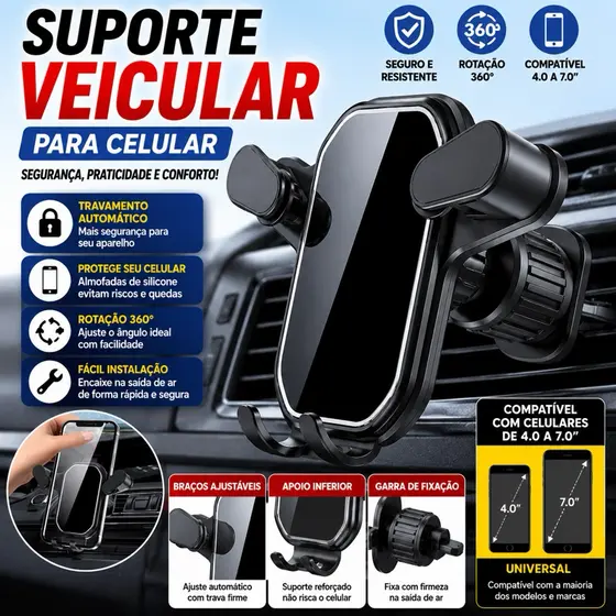 Suporte Veicular para Celular Universal Saída de Ar Trava Automática Rotação 360° Ajustável Compatível todos Celulares