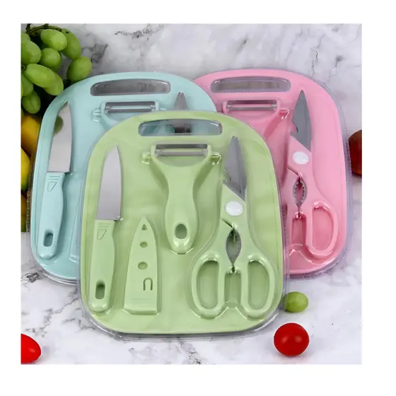 Kit Descascador Fatiador Inox Legumes Frutas Dupla Lâmina tesoura inox tabua de corte mais faca