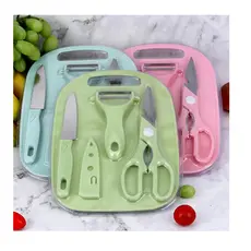 Kit Descascador Fatiador Inox Legumes Frutas Dupla Lâmina tesoura inox tabua de corte mais faca