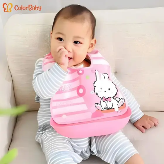 Babador de Silicone p/ Bebê - Impermeável, Ajustável - Modelo c/ Cata-migalhas Removível - ColorBaby
