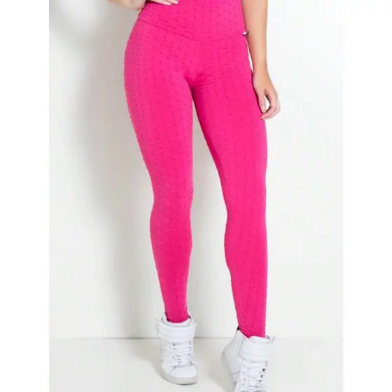 Legging Bolha Suplex Rosa Tira Disfarça Celulite Cós Alto 3D Textura Flocada Legue Cintura Alta Academia Leg