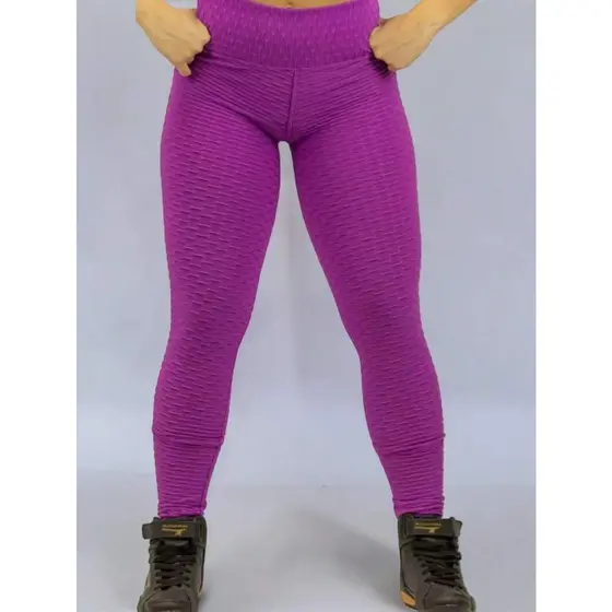 Legging Bolha Suplex Roxo Tira Disfarça Celulite Cós Alto 3D Textura Flocada Legue Cintura Alta Academia Leg