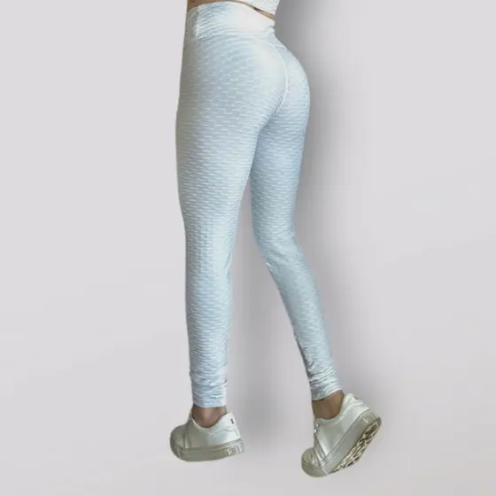 Legging Bolha Suplex Branca Tira Disfarça Celulite Cós Alto 3D Textura Flocada Legue Cintura Alta Academia Leg