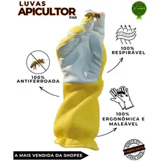 Luva Apicultor 100% Antiferroada Apic Apicultura Proteção Segurança Abelha Mel Malha ArLivre Vaqueta