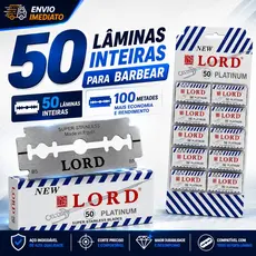 Kit 50 Lâminas de Barbear Lord Platinum Profissional | Gillette p/ Navalha e Barbeiros