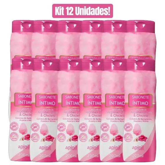 KIT 12 UNIDADES SABONETE ÍNTIMO ALGODÃO DOCE & CHICLETE 200mL APINIL