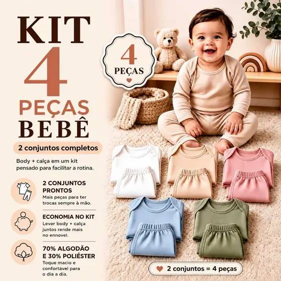 Kit 4 Peças De Body Manga Longa e Mijão Para Bebe Inverno