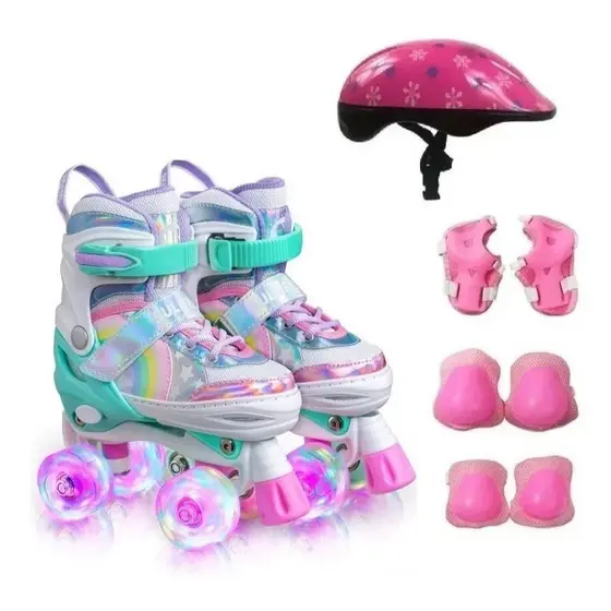 Patins Infantil 4 Rodas Menina ARCO IRIS Com Luz De Led Patins COM Kit Proteção