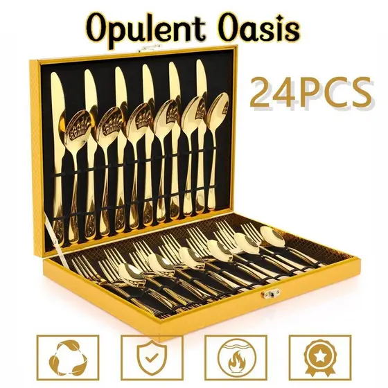 Kit Faqueiro Talheres e Maleta Em Inox Dourado Kit 24 Peças Conjunto De Talheres Caixa De Presente