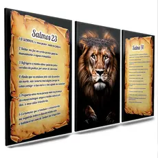 Kit 3 Peças Quadro Decorativo Leão Salmos 91 E 23 Religioso Preto Preto