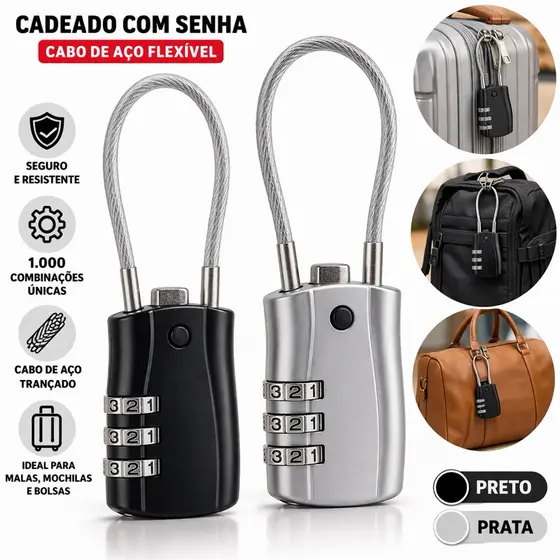 Cadeado  Senha Cabo Aço Mala Viagem Anti-Furto Bagagem Academia