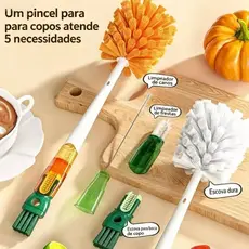 1/2Escova de Limpeza 5 em 1 com Cabo Longo – Cabeça Removível, Limpeza 360° para Copos e Canudos