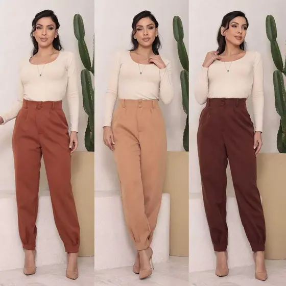 calça feminina alfaiataria, social, estilo elegante, calça cenoura com prega, moda executiva.