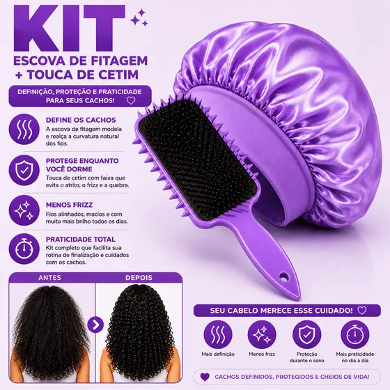 Kit Escova Modeladora de Cachos + Touca de Cetim com Faixa Anti Frizz Finalização e Proteção Capilar