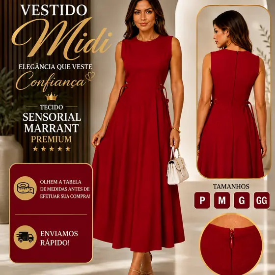 Vestido Feminino Midi Tecido Sensorial Marrant Premium  Zíper Invisível nas Costas Tamanho M , G ,GG