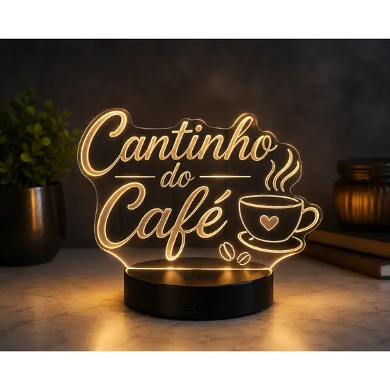 Luminária LED 3D "Cantinho do Café" – Decoração para Espaço Café, Cozinha, Escritório e Área Gourmet