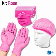 Kit Rosa 100 Toucas TNT+ 100 Luva Nitrilica+ 50 Máscara Descartável Tripla Camada Com Clipe Nasal