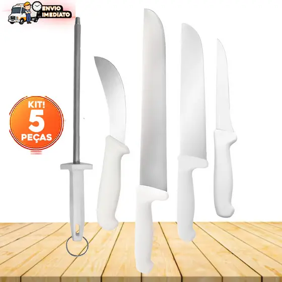Jogo de Faca Açougue Profissional 5 pçs Faca de Carne Desossa Tira Couro Chaira Churrascaria