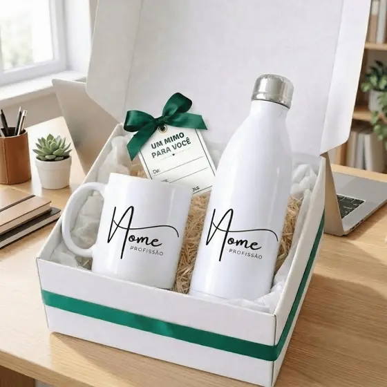 Kit Presente Personalizado Caneca + Garrafa Térmica + Caixa MDF com Nome e Profissão