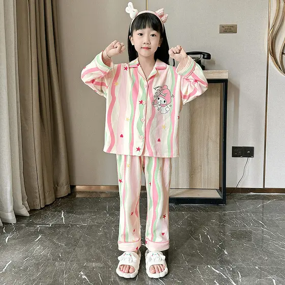 Pijamas infantis para meninas primavera outono lapela manga comprida menina estilo princesa desenho animado fofo roupa d