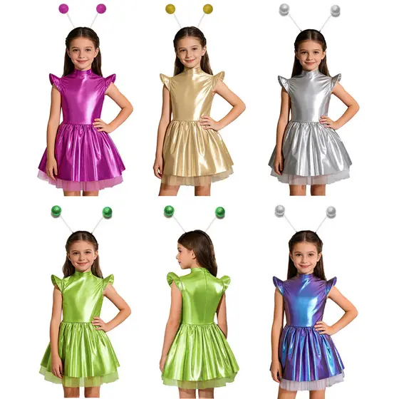 inhzoy Crianças Meninas 2 Peças Trajes De Fantasia Alienígena Iridescente Brilhante Gola Simulada Manga Voadora Costas Z