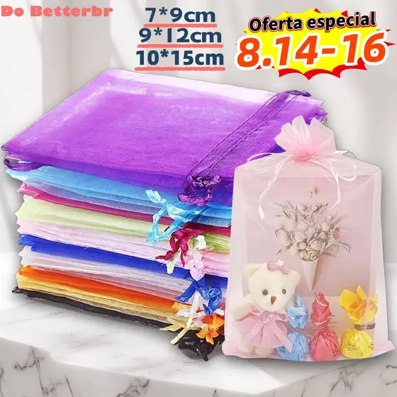 Kit 50/100 Un Saco Saquinho Organza Tule Saquinho 7x9 9x12 10x15 Festa Casamento Saco Sacolas de presentes de Natal