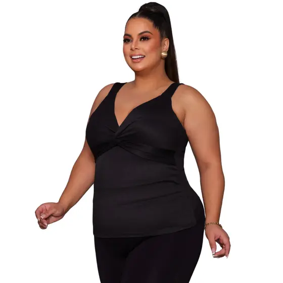 Blusa Feminina Alça Larga com Frente Trançada Moda Casual Confortável Sem Bojo