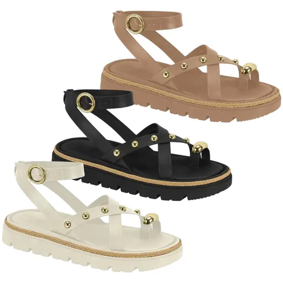 Sandália Moleca Feminino Papete Detalhe Dourado Fivela Flat
