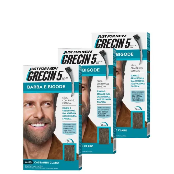 Kit 3 unidades Grecin 5 Color Gel Tintura Barba e Bigode Castanho Claro M-80 28g - Cobre os fios grisalhos em 5 minutos