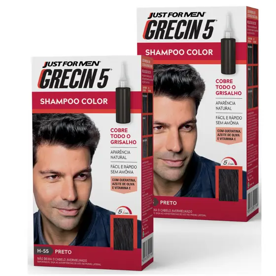 Kit 2x unidades - Grecin 5 Shampoo Tintura Tonalizante Preto H-55 60ml - Cobre os cabelos grisalhos em 5 minutos.
