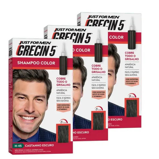 Kit 3x unidades Grecin 5 Shampoo Tintura Tonalizante Castanho Escuro H-45 60ml - Cobre os cabelos grisalhos em 5 minutos