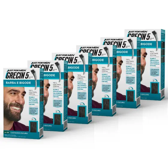 Kit 6x unidades - Grecin 5 Color Gel Barba e Bigode Castanho Escuro M-100 28g - Cobre os fios grisalhos em 5 minutos