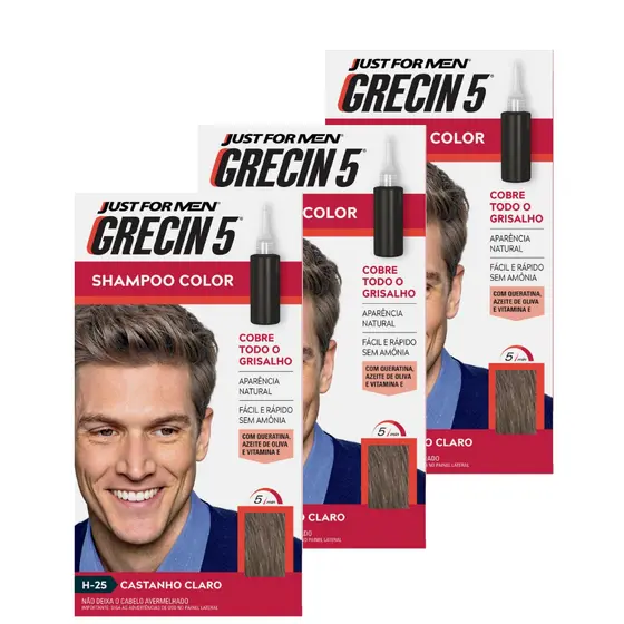 Kit 3x unidades Grecin 5 Shampoo Tintura Tonalizante Castanho Claro H-25 60ml - Cobre os cabelos grisalhos em 5 minutos