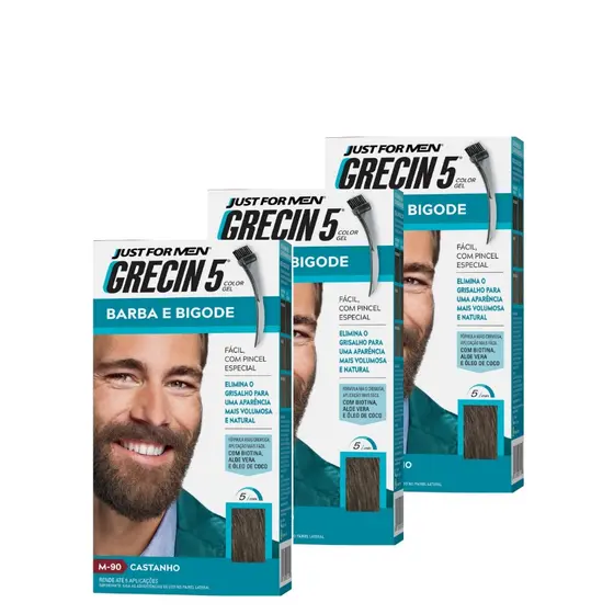 Kit 3x unidades Grecin 5 Color Gel Barba e Bigode Castanho M-90 - Cobre os fios grisalhos 5 minutos. Aparência natural.