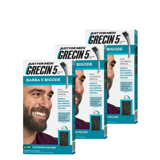 Kit 3x unidades - Grecin 5 Color Gel Barba e Bigode Castanho Escuro M-100 28g - Cobre os fios grisalhos em 5 minutos