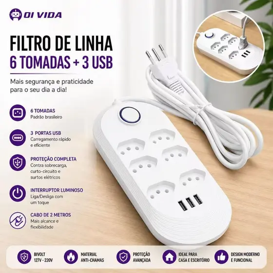 Extensão Tomadas com USB e TypeC Universal Bivolt 110v/220v 2500W Power 2m Filtro De Linha Segurança