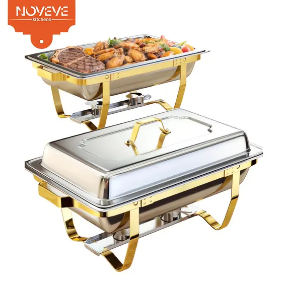 Rechaud Profissional Inox 12L com Borda Dourada, 1 2 ou 3 Cubas para Buffet Festa e Restaurante