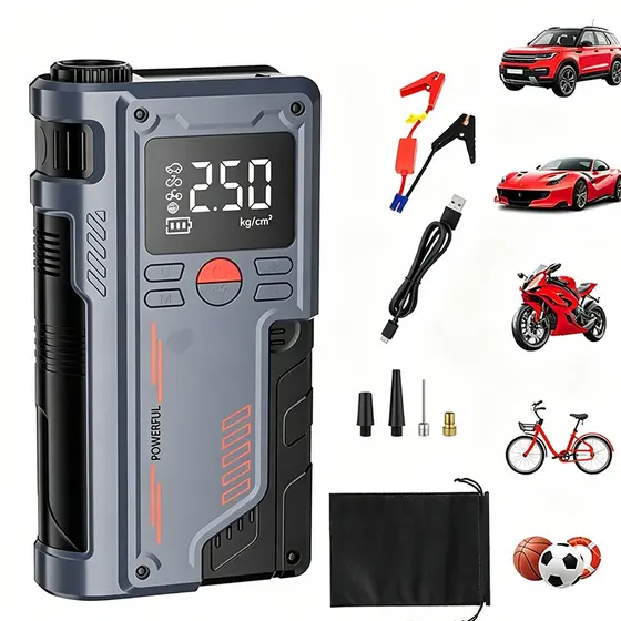 Jump Starter 12000mAh com Compressor de Ar Elétrico - Dispositivo de Emergência Portátil  com Display LCD e LED Torch