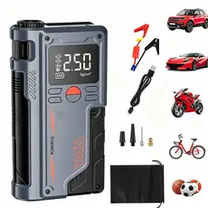 Jump Starter 12000mAh com Compressor de Ar Elétrico - Dispositivo de Emergência Portátil com Display LCD e LED Torch