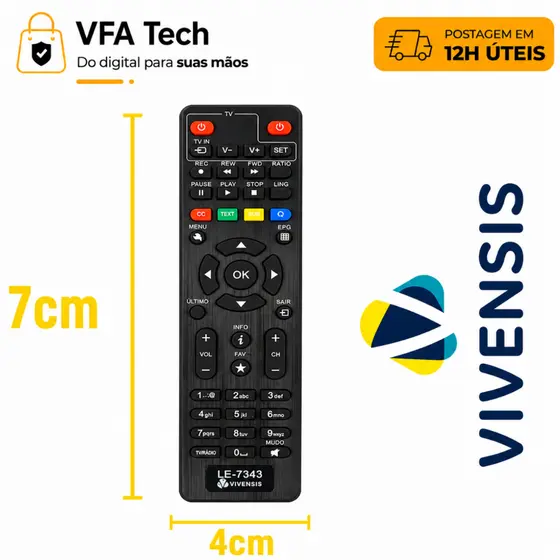 Controle remoto para TV Compatível com VX10 Vivensis LE-7343 | Alta Qualidade | Testado | Envio em 12h úteis