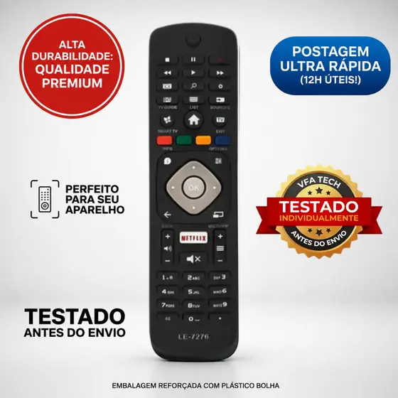 Controle Remoto Universal Compatível com Tv Philips Smart LCD - LE-7276 | Envio Super Rápido em até 12h úteis