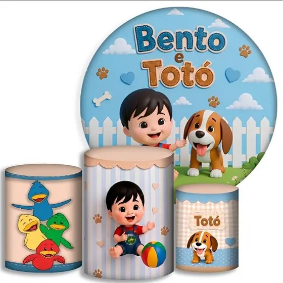 Capas Para Cilindros + Painel - Bento e Toto - Kit Decoração Festa / Pegue e Monte