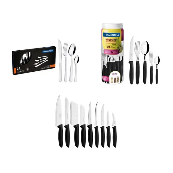 KIT - 1 Faqueiro Inox 30 Peças + 1 Conjunto Facas 9pç + 1 Faqueiro Inox 24pç - Tramontina