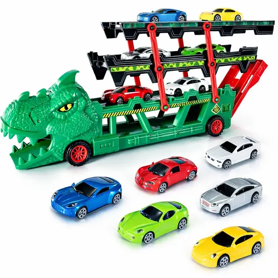 Brinquedo Caminhão Cegonha Dinossauro com Carrinhos e Pista - Verde