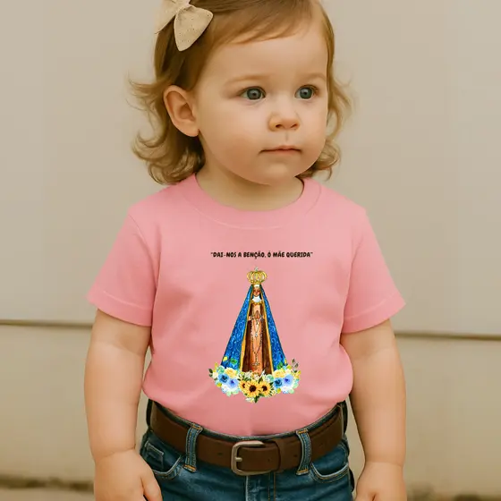 Camiseta Infantil Country Estampa Dai Nos A Benção Nossa Senhora Aparecida Manga Curta 100 % Algodão