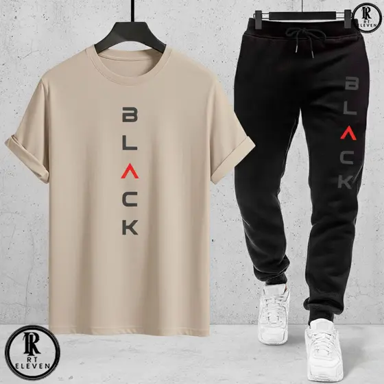 Kit Conjunto Camiseta e Calça moletom Moda masculina camiseta casual Black Malha Algodão + calça Moletom Com bolso Art