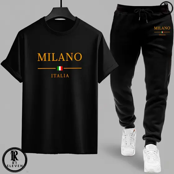 Kit Conjunto Milano Camiseta e Calça moletom Moda masculina camiseta casual Malha Algodão + calça Moletom Com bolso